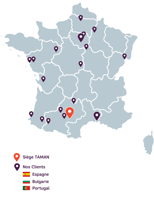 Carte de France avec indication de la localisation des clients et du siège de TAMAN